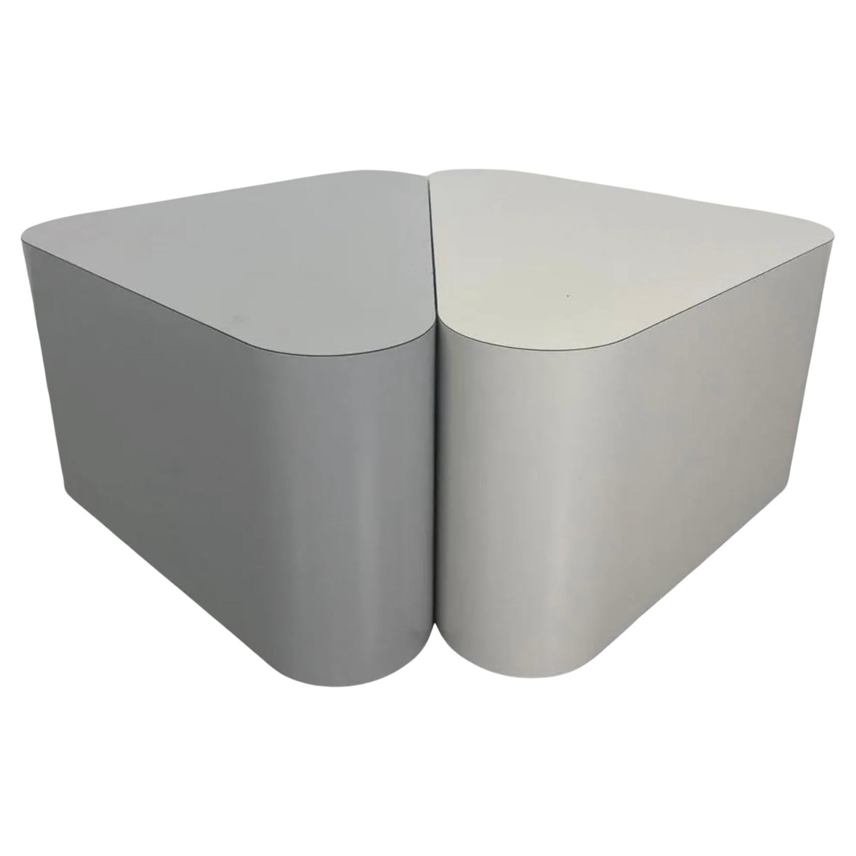 Pair of Post Modern Gray Laminate rounded triangle end tables on casters For Sale