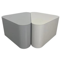 Pair of Post Modern Gray Laminate rounded triangle end tables on casters