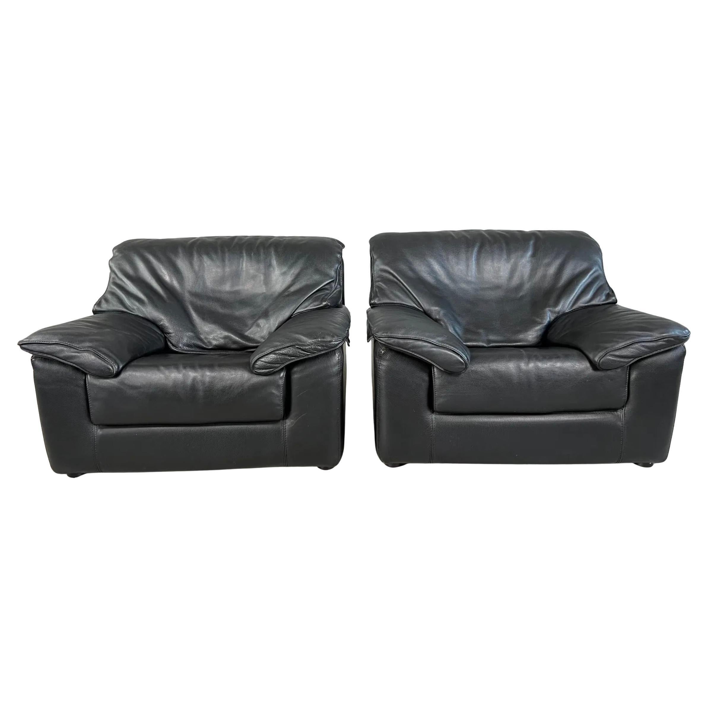 Pair of Post Modern Italian Black Leather lounge chairs