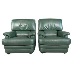 Pair of Post Modern Italian Green Leather lounge chairs