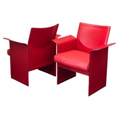 Pair of Post-Modern Italian Red Leather Armchairs by Tito Agnoli for Sintesi