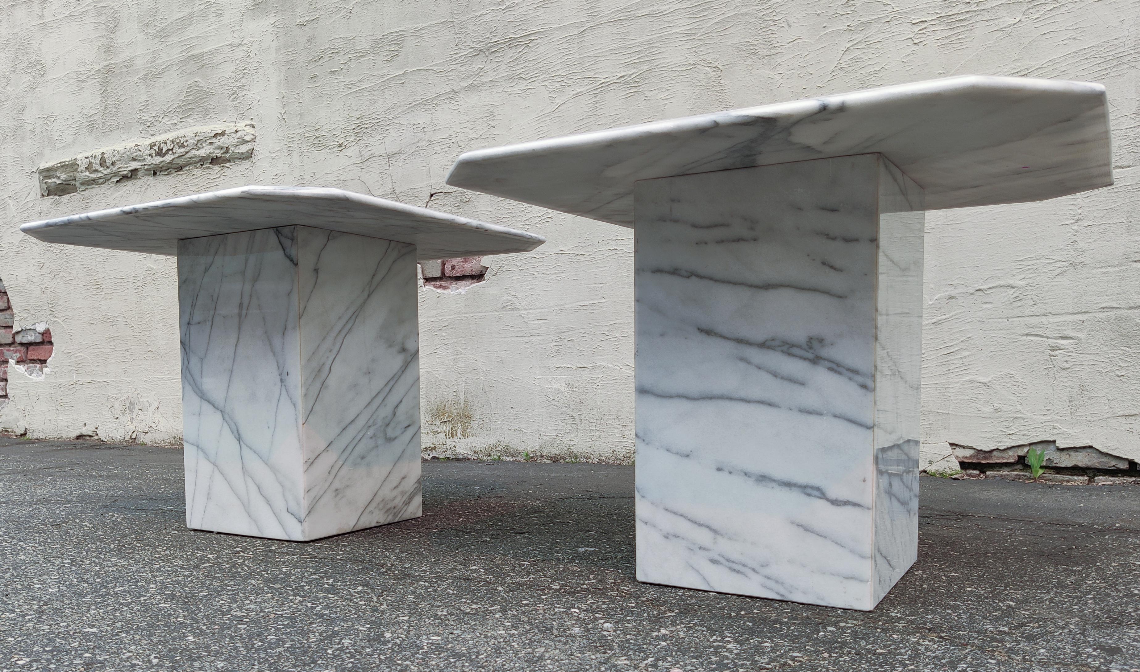 Pair of Post-Modern Italian White Marble Side Tables Grey & Black Veining 1