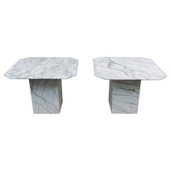 Pair of Post-Modern Italian White Marble Side Tables Grey 
Black Veining