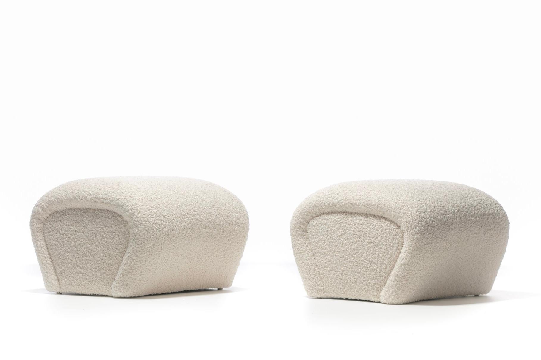 North American Pair of Post Modern Karl Springer Style Ottomans in Ivory White Bouclé 