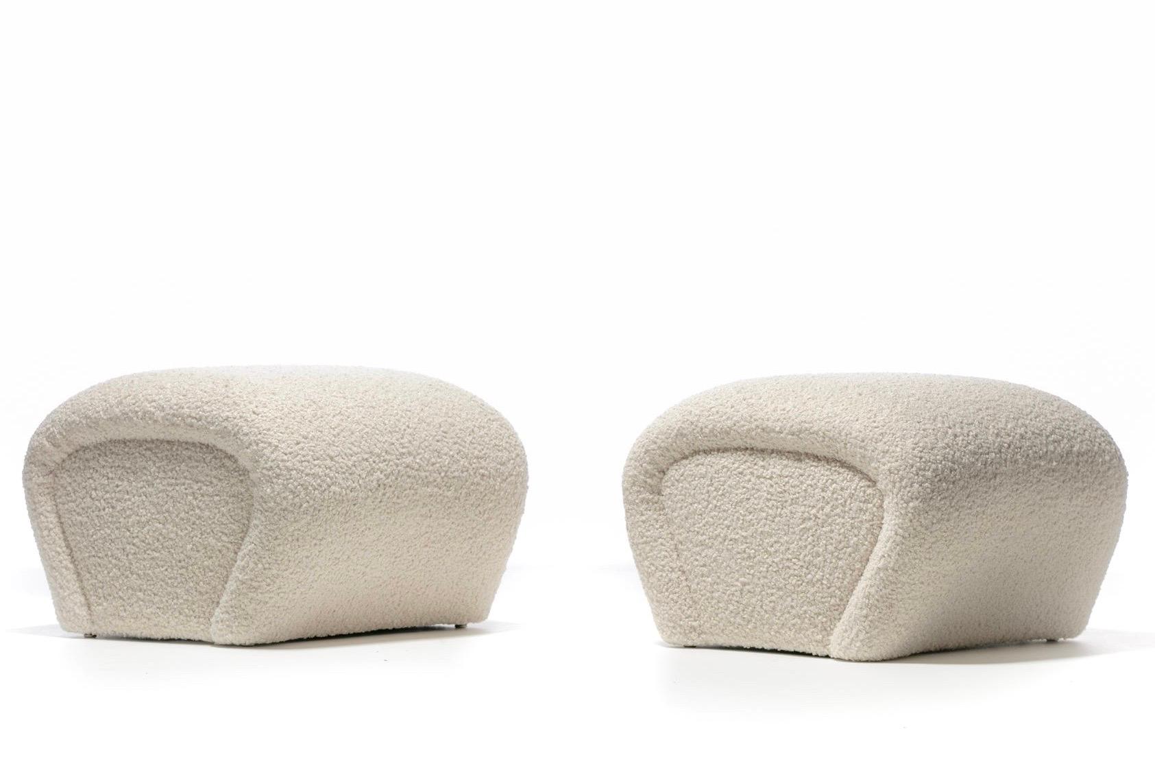 Late 20th Century Pair of Post Modern Karl Springer Style Ottomans in Ivory White Bouclé 