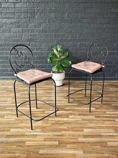 Pair of Post Modern Memphis-Style Wrought Iron Barstools w/ Flame Backrest