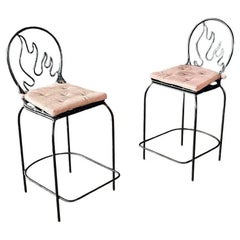 Pair of Post Modern Memphis-Style Wrought Iron Barstools w/ Flame Backrest