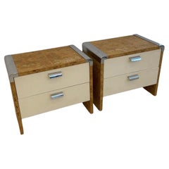 Pair of Post Modern Mid Century Pace Burl wood & Chrome 2 drawer Nightstands