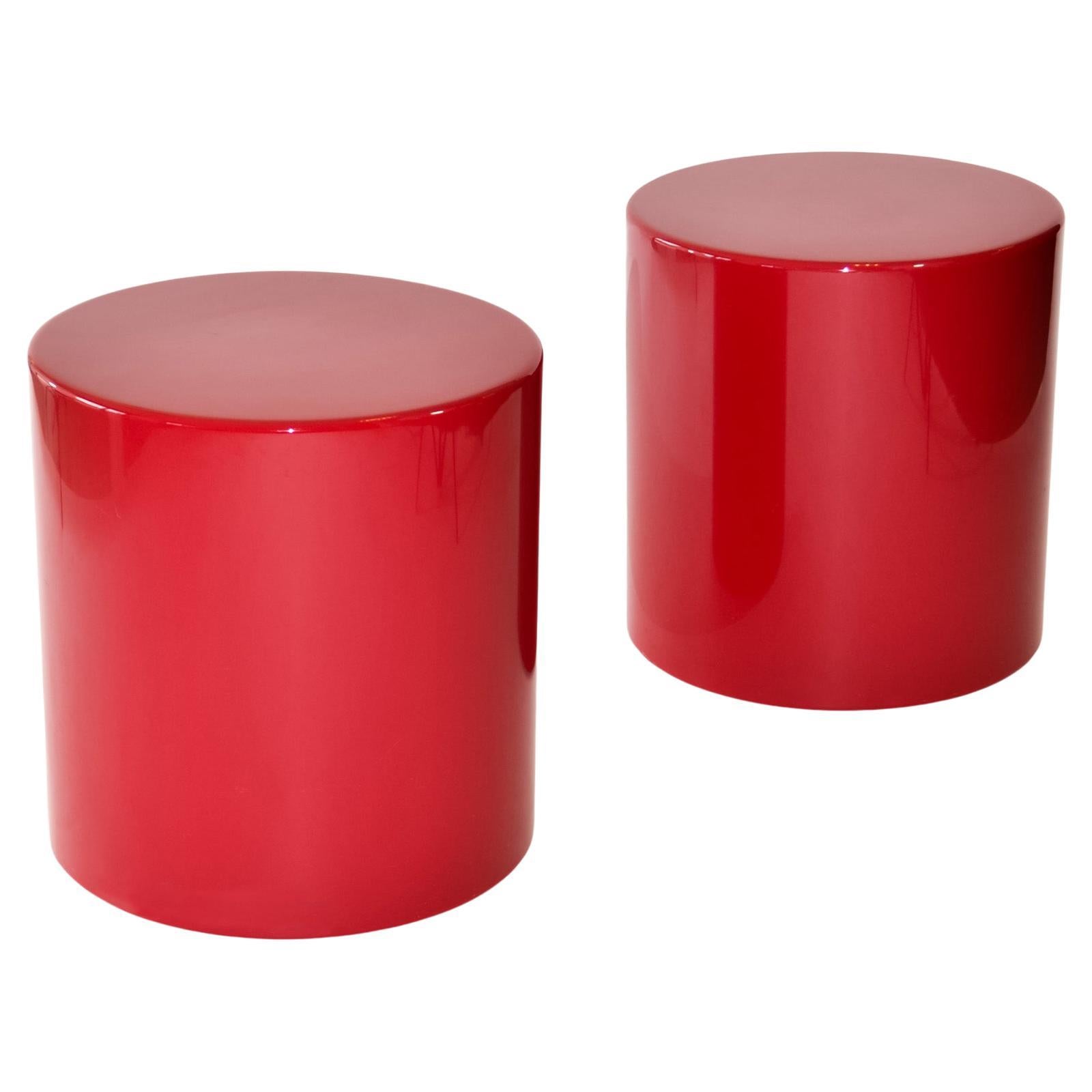 Pair of Post Modern Round Side Tables in Red Lacquer For Sale
