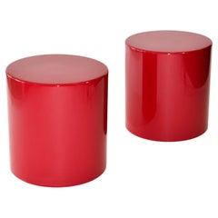 Pair of Post Modern Round Side Tables in Red Lacquer