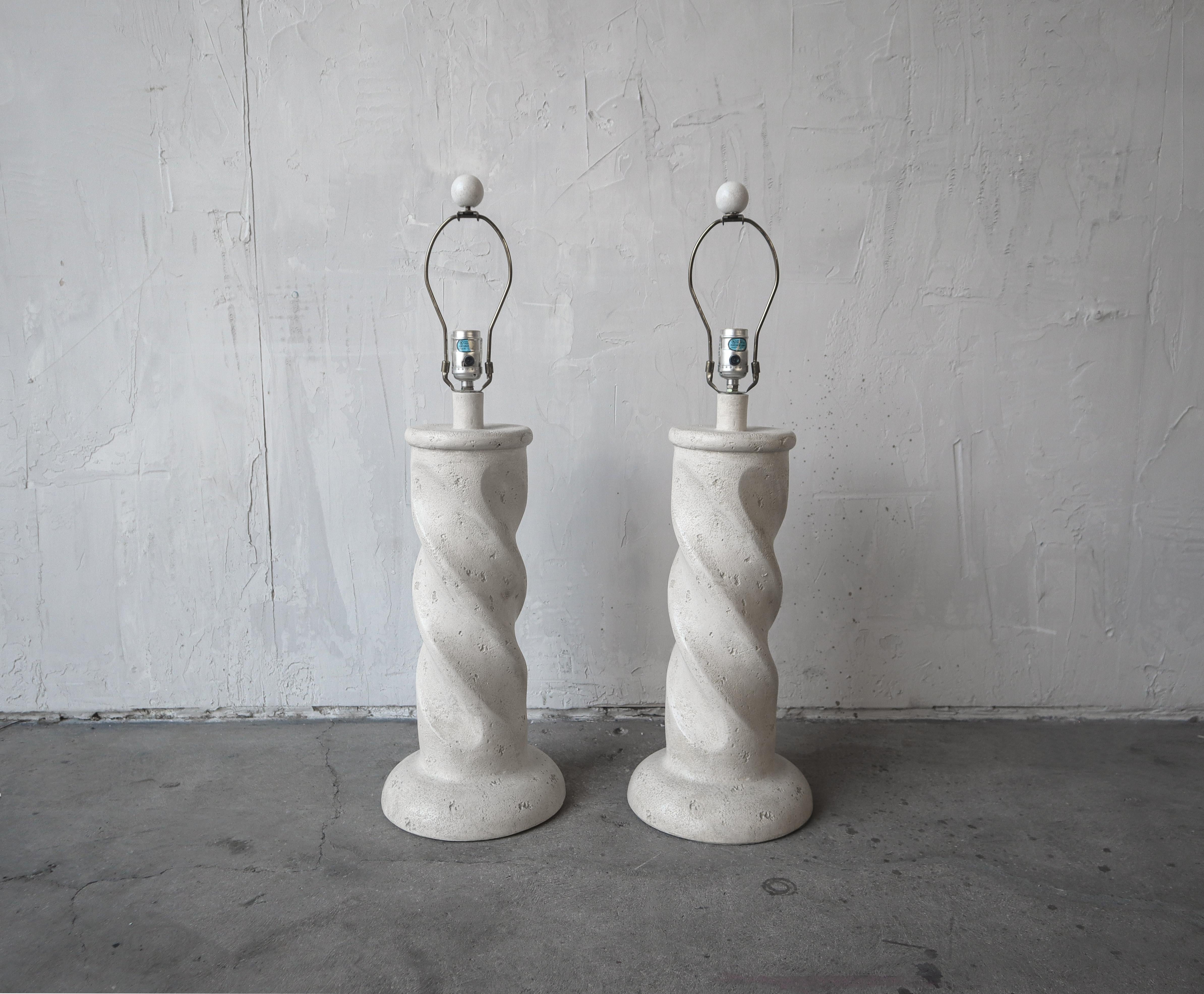 Nice pair of Post Modern plaster Swirl table lamps, no damage to be noted. Height is to top of the lamps, not the finial.