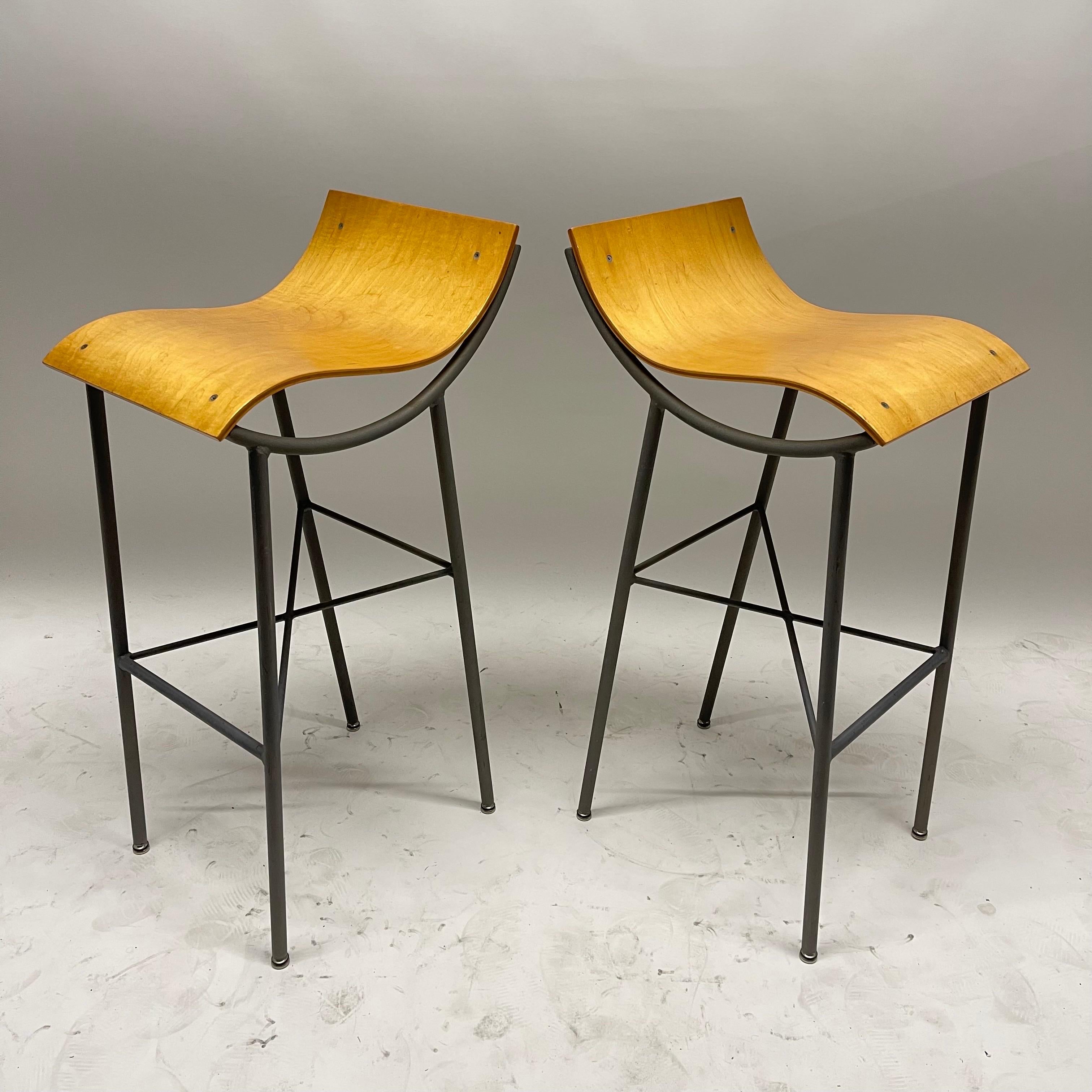 Post-Modern Pair of Post Modern Sculptural Steel and Bent Plywood Bar Stools, circa 1980s For Sale