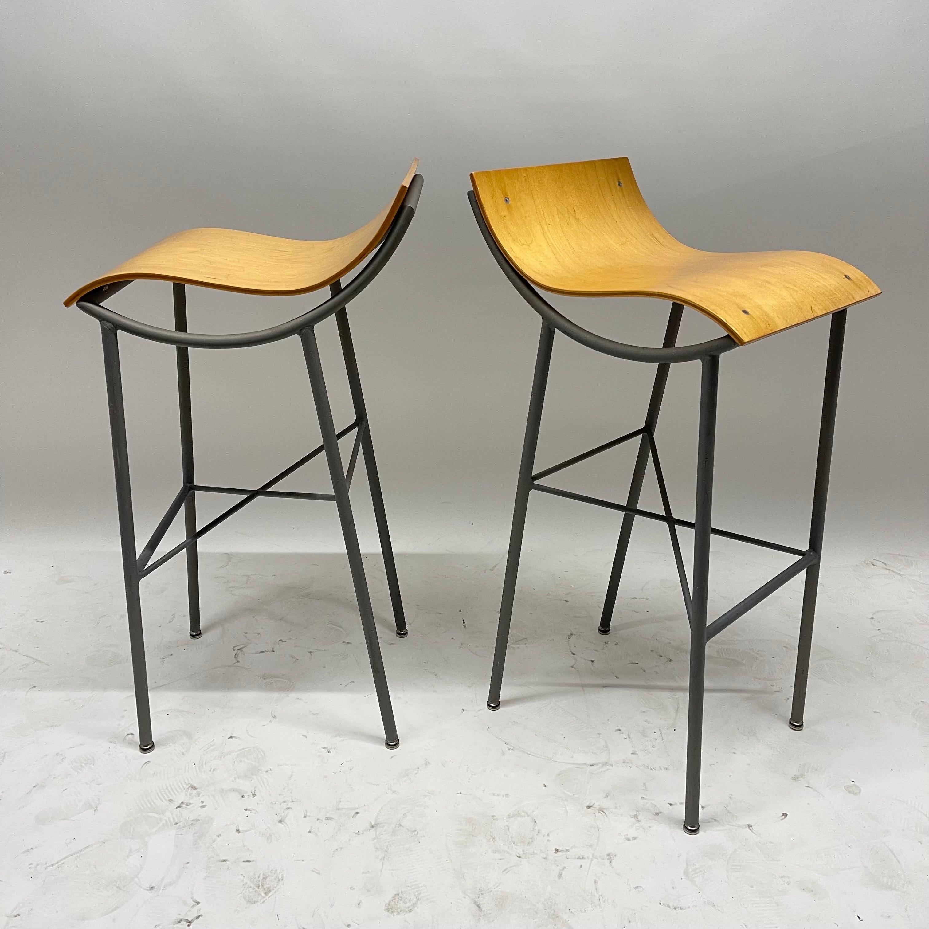 Italian Pair of Post Modern Sculptural Steel and Bent Plywood Bar Stools, circa 1980s For Sale