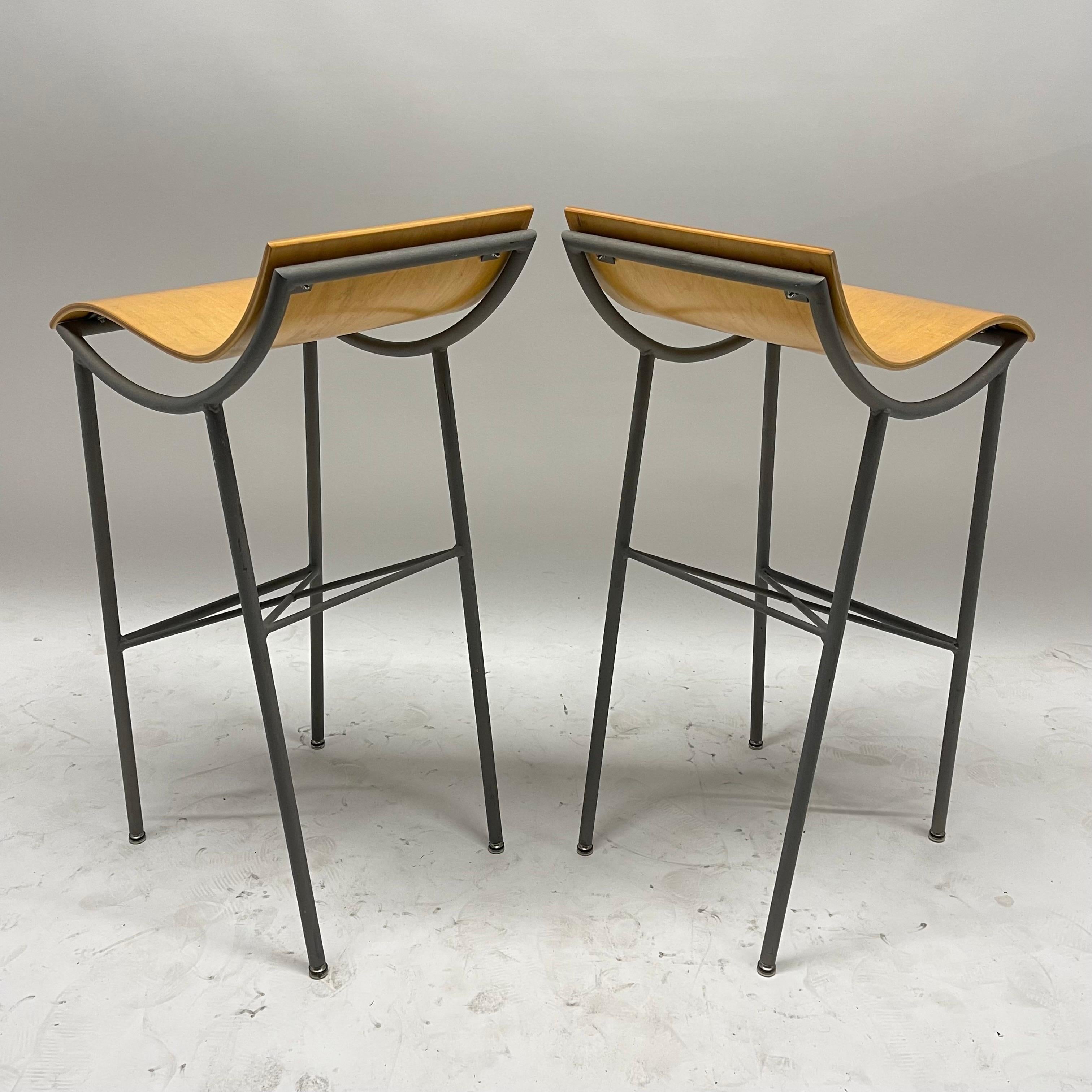 Molded Pair of Post Modern Sculptural Steel and Bent Plywood Bar Stools, circa 1980s For Sale
