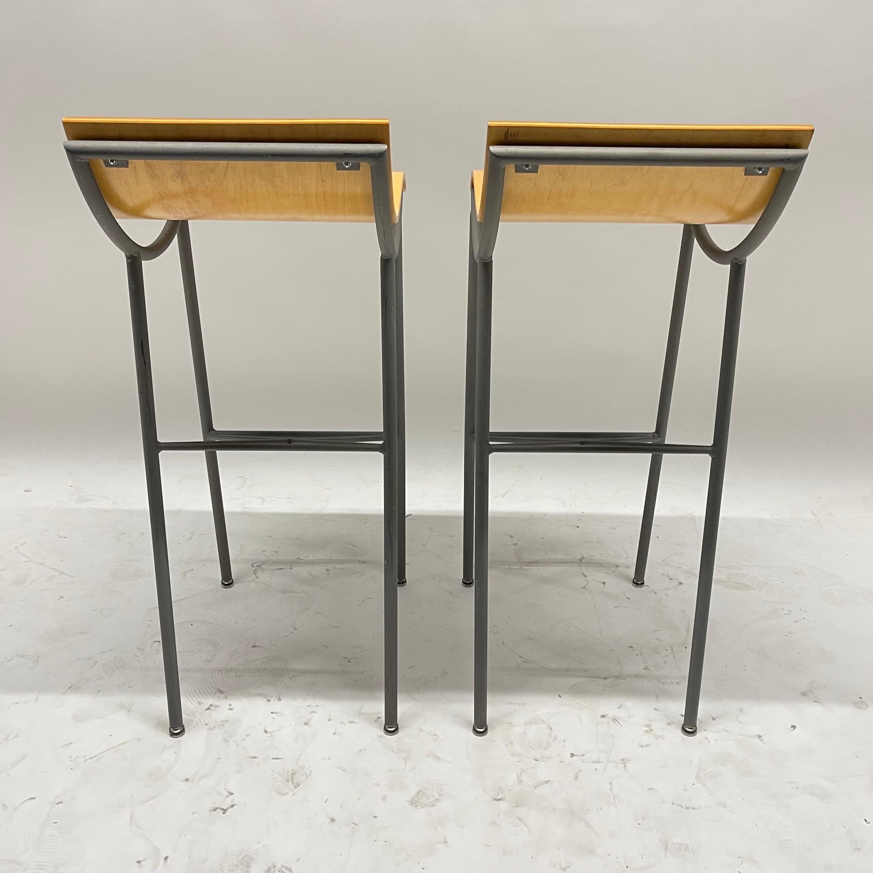 Pair of Post Modern Sculptural Steel and Bent Plywood Bar Stools, circa 1980s In Good Condition For Sale In Miami, FL
