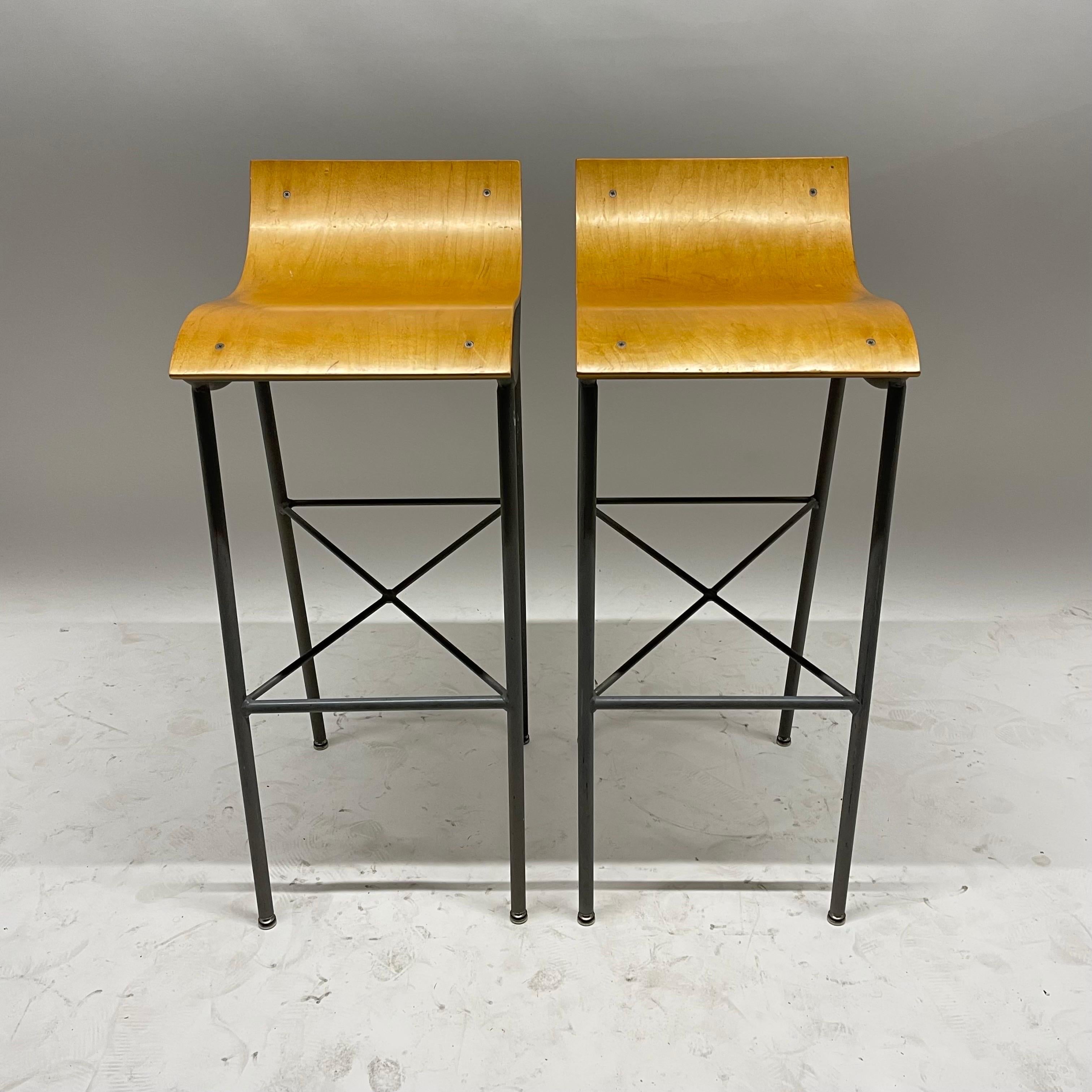 20th Century Pair of Post Modern Sculptural Steel and Bent Plywood Bar Stools, circa 1980s For Sale