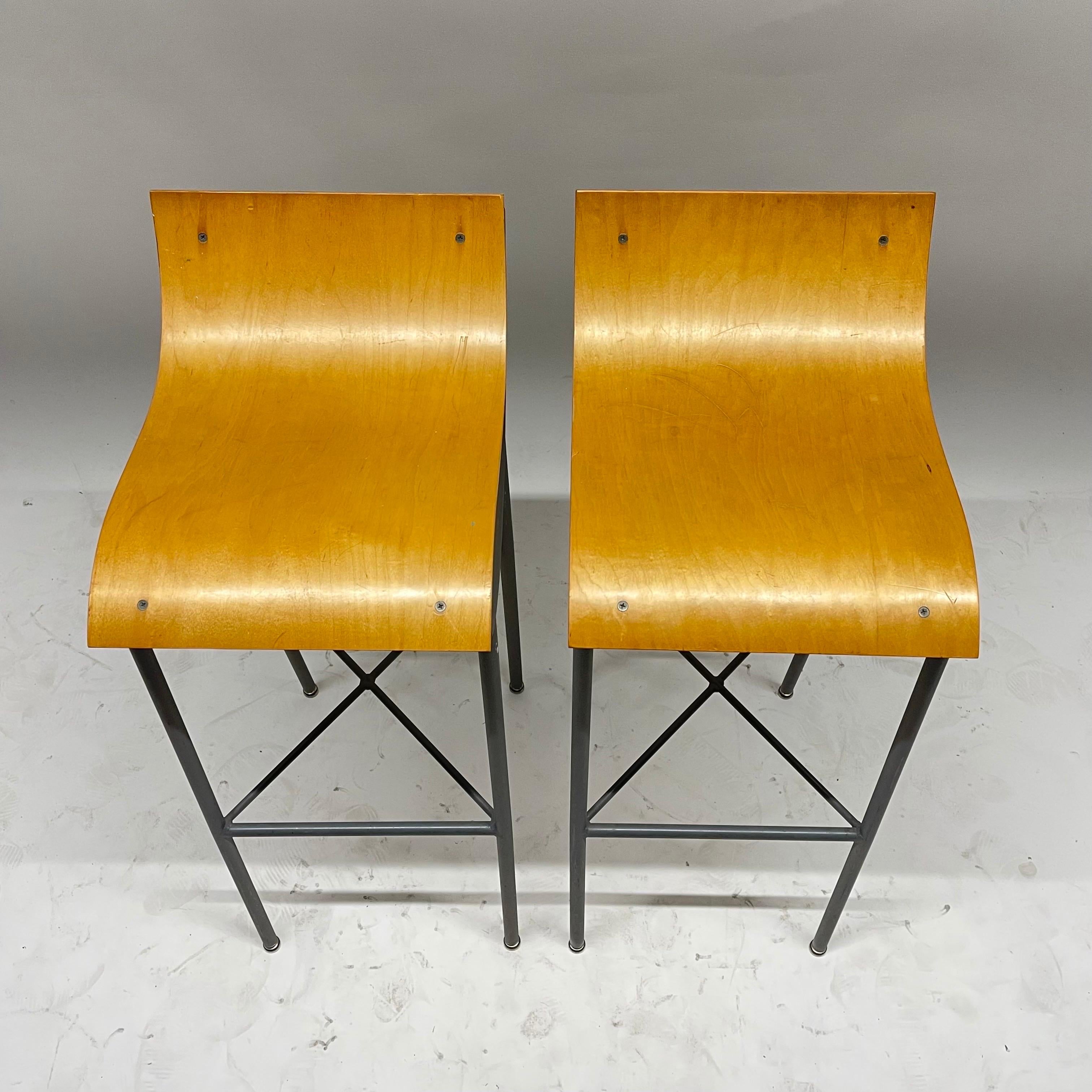 Paint Pair of Post Modern Sculptural Steel and Bent Plywood Bar Stools, circa 1980s For Sale