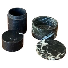 Pair of Post-Modern Small Black Marble Cannisters / Boxes