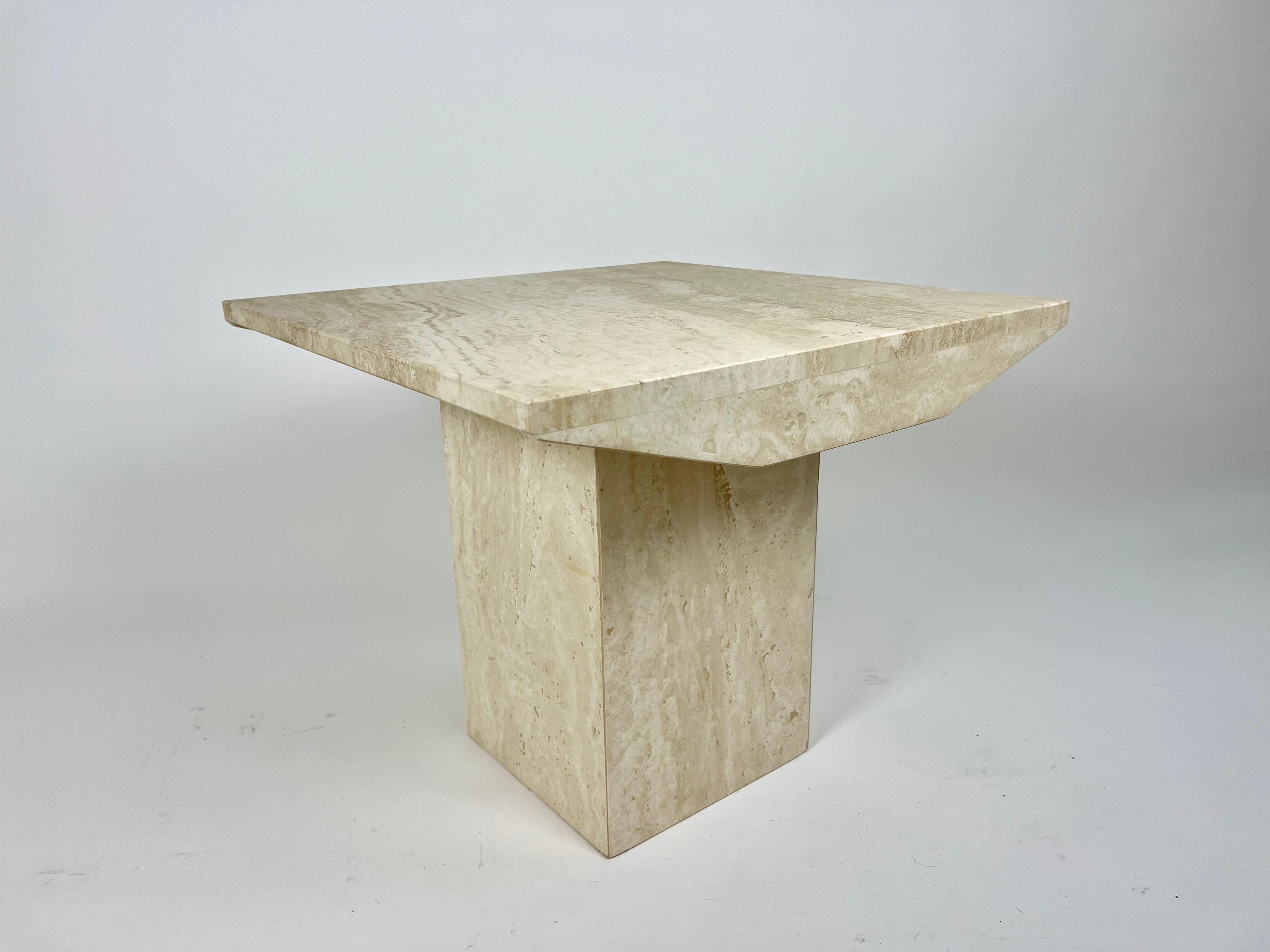Pair of post modern square side table in natural travertine stone 5
