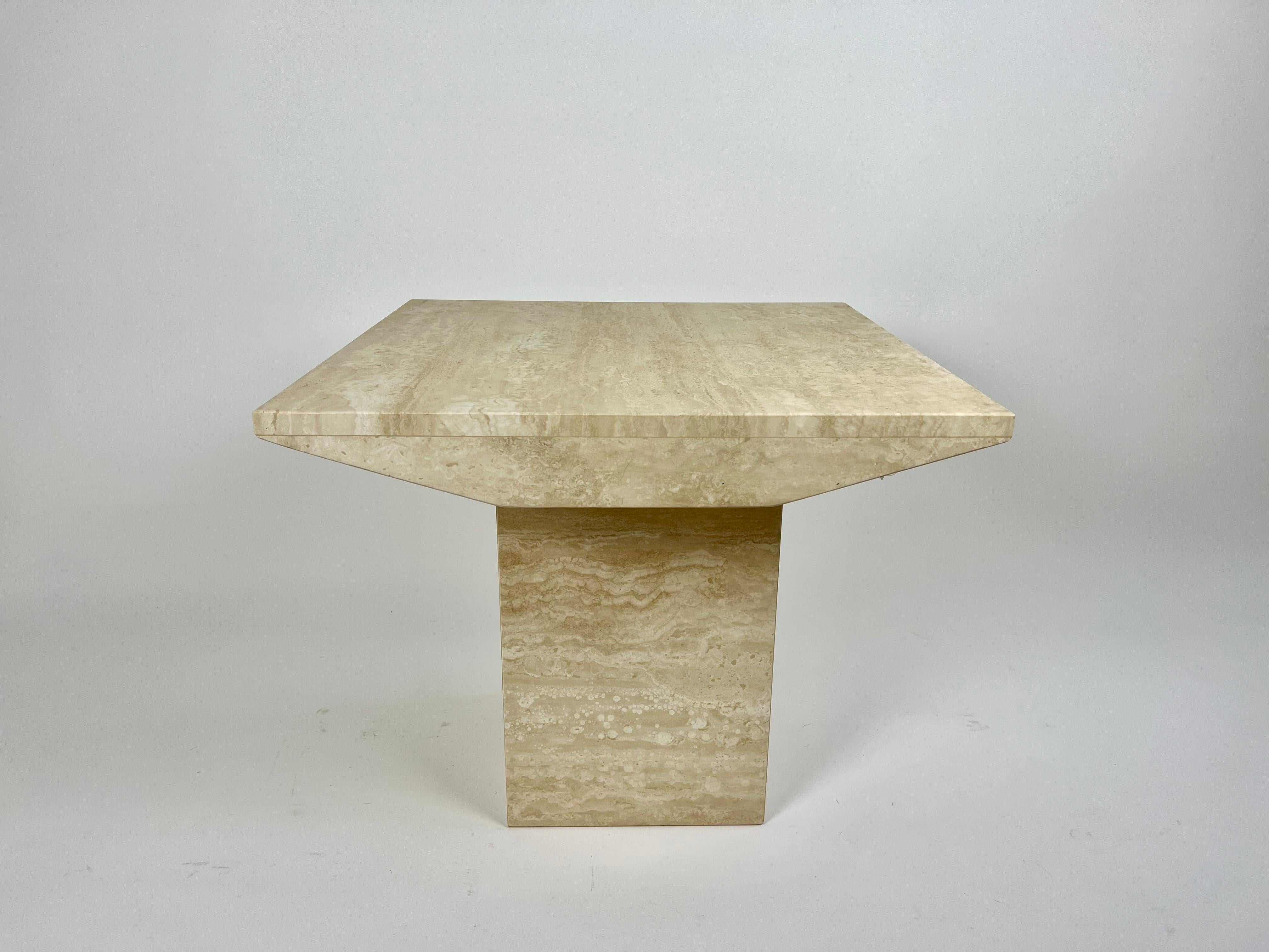 Pair of post modern square side table in natural travertine stone 6