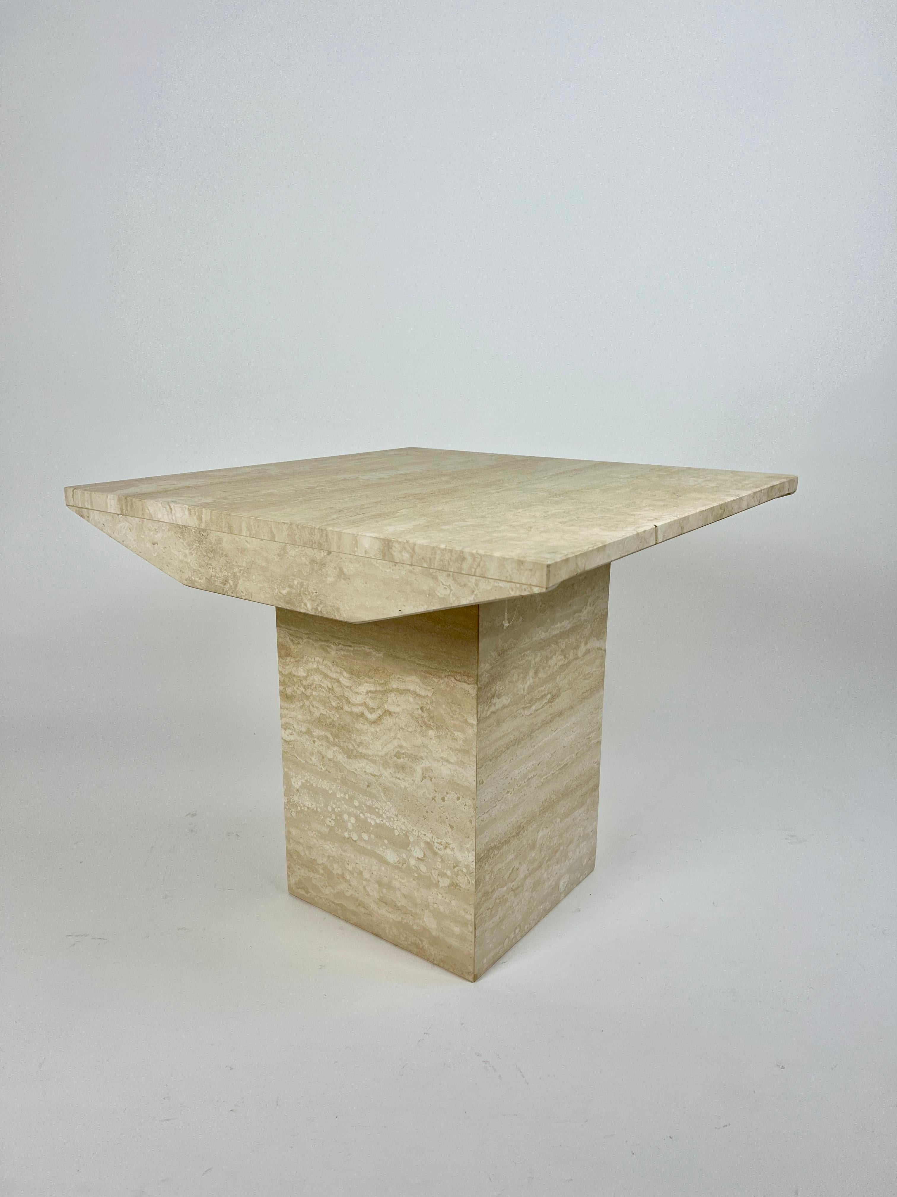 Pair of post modern square side table in natural travertine stone 7
