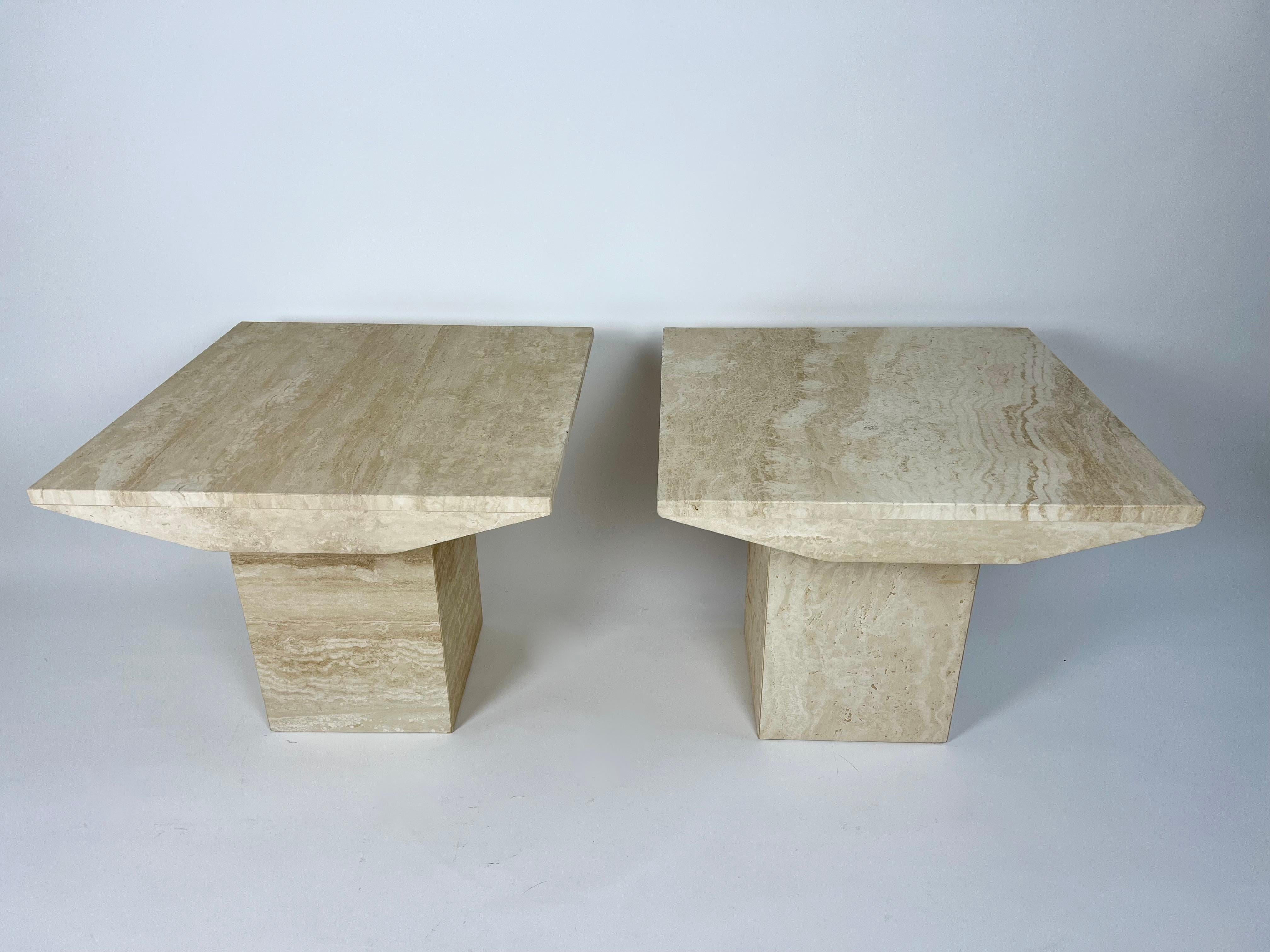 20th Century Pair of post modern square side table in natural travertine stone