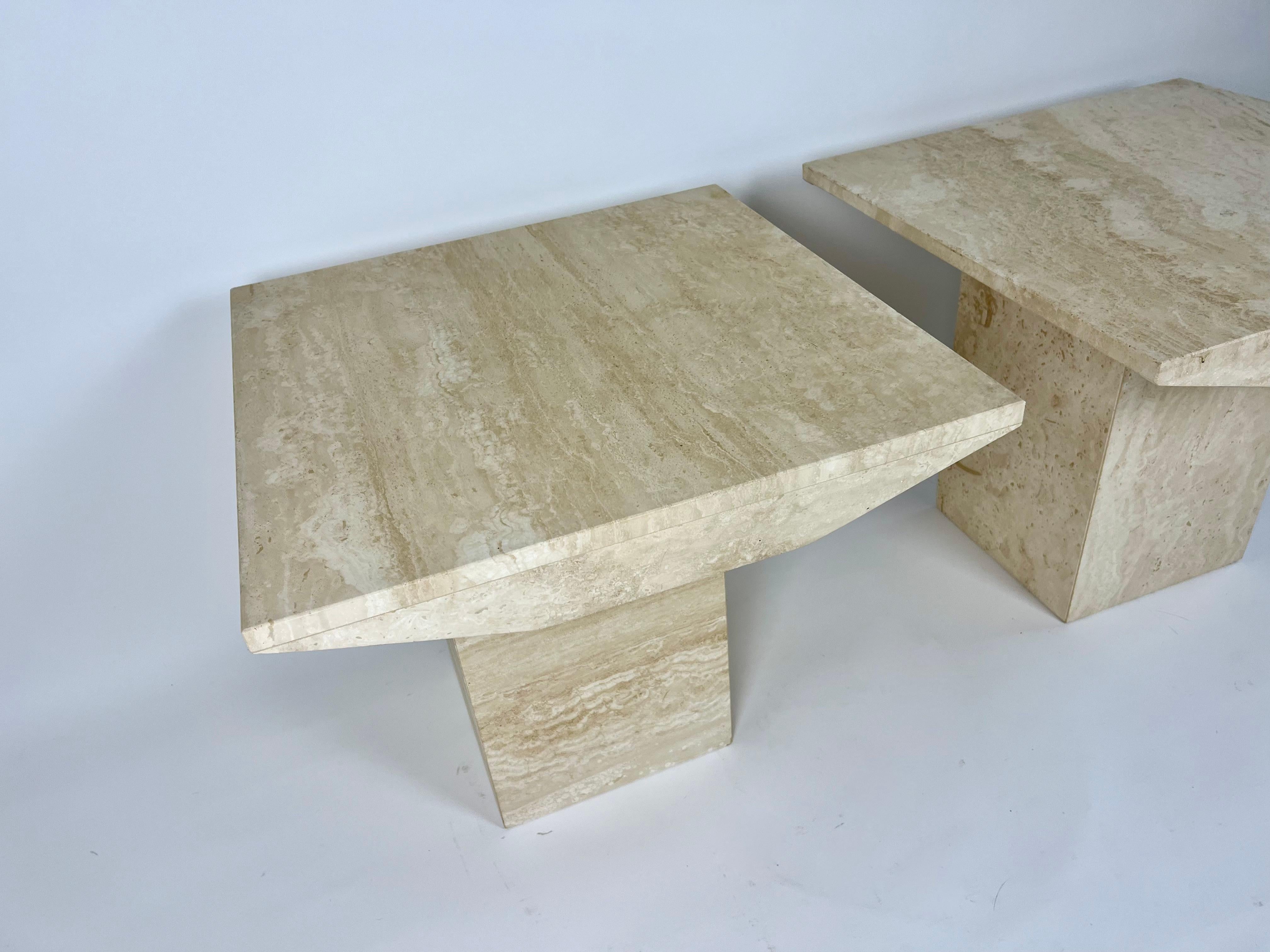 Travertine Pair of post modern square side table in natural travertine stone
