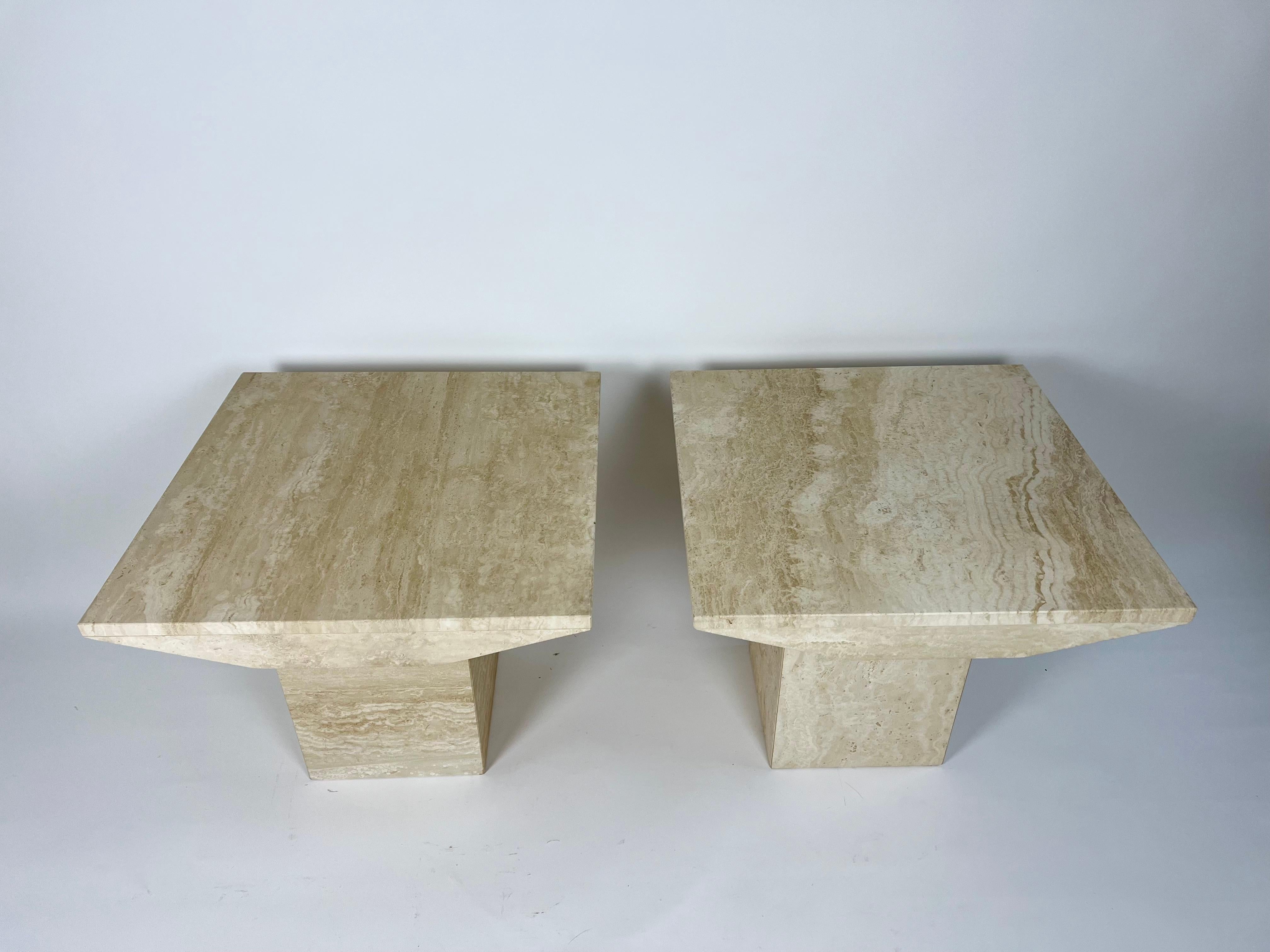 Pair of post modern square side table in natural travertine stone 1