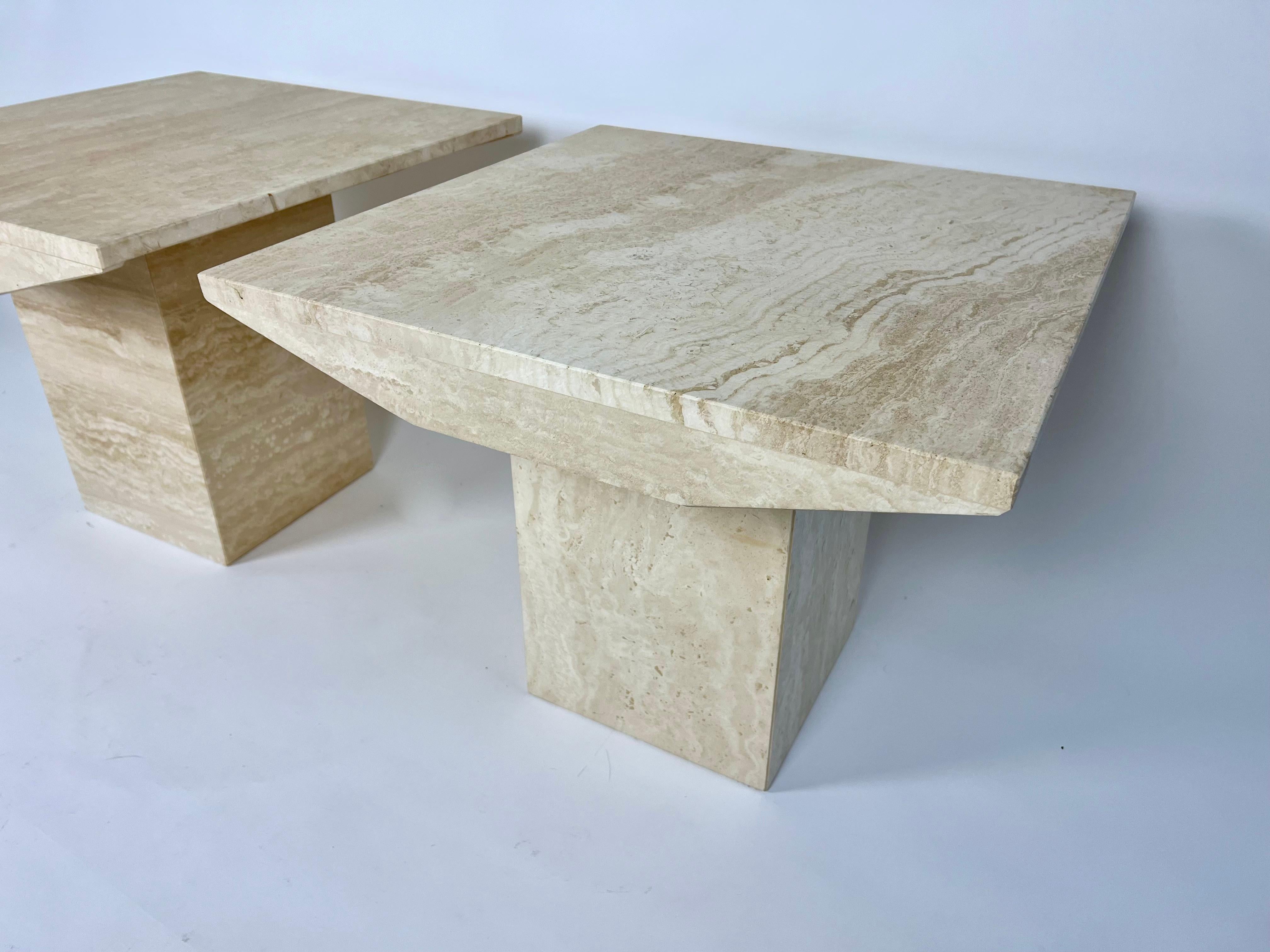 Pair of post modern square side table in natural travertine stone 2