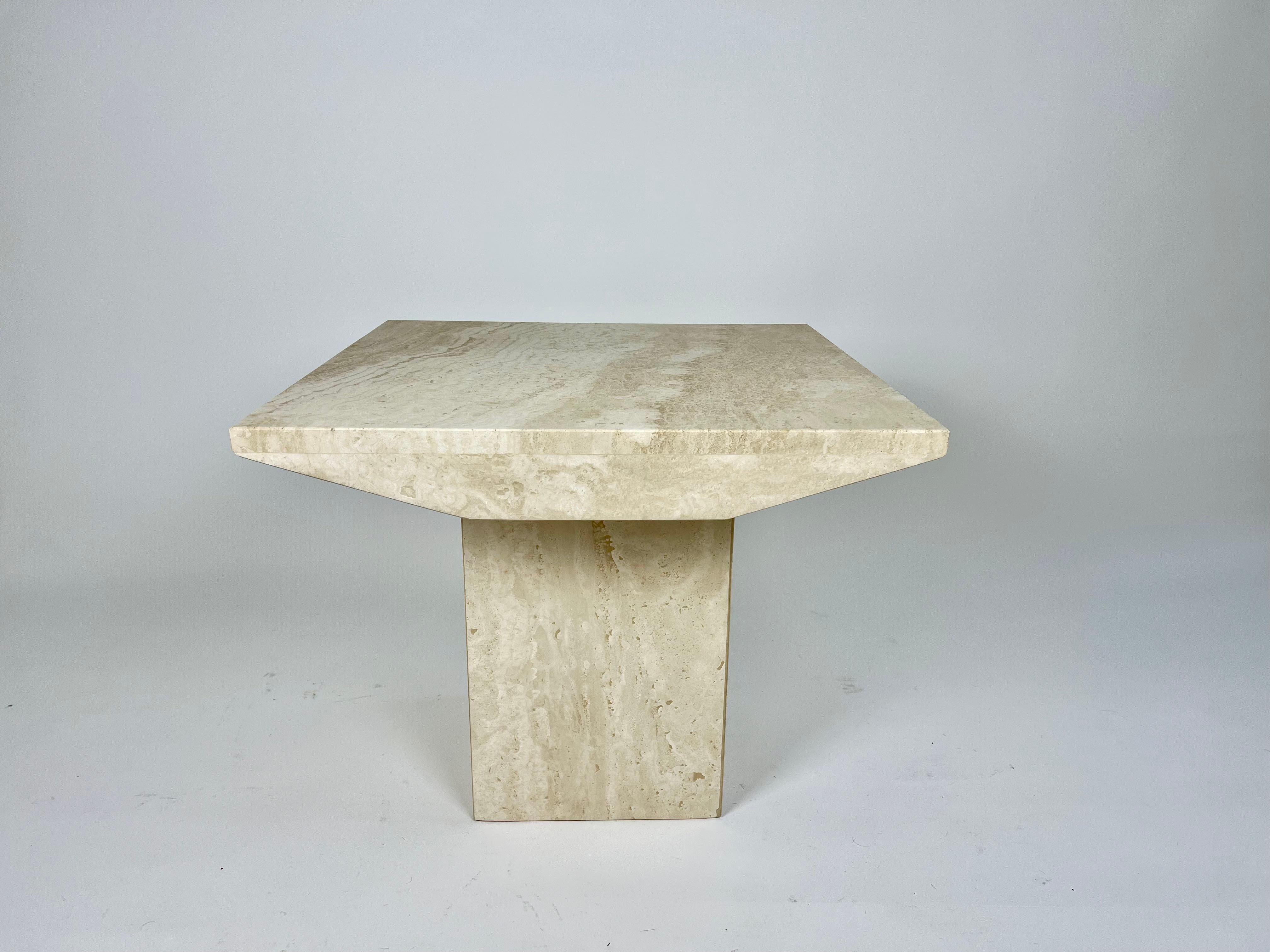 Pair of post modern square side table in natural travertine stone 3