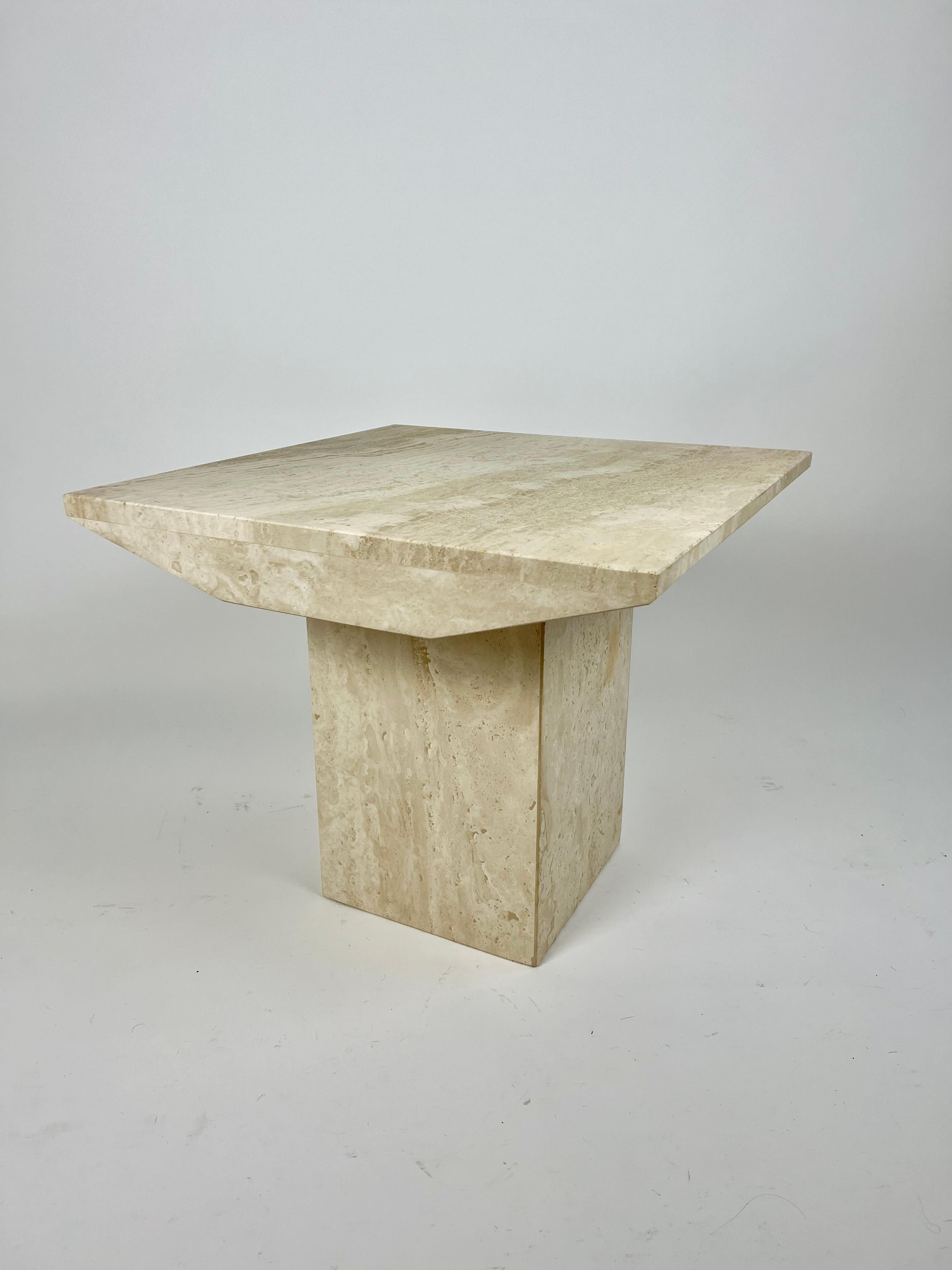Pair of post modern square side table in natural travertine stone 4