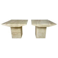 Pair of post modern square side table in natural travertine stone