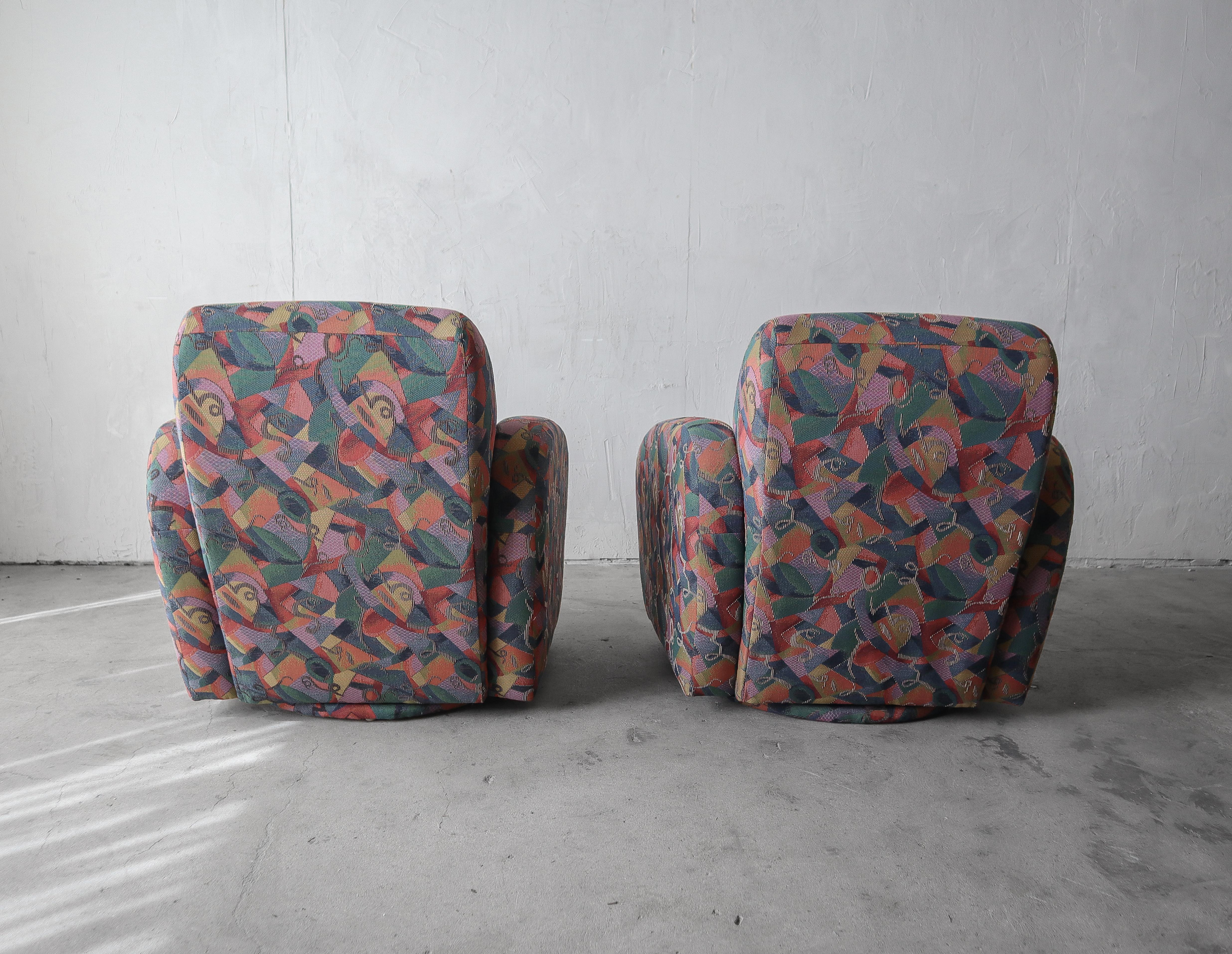 Fabric Pair of Post Modern Swivel Chairs by Preview For Sale