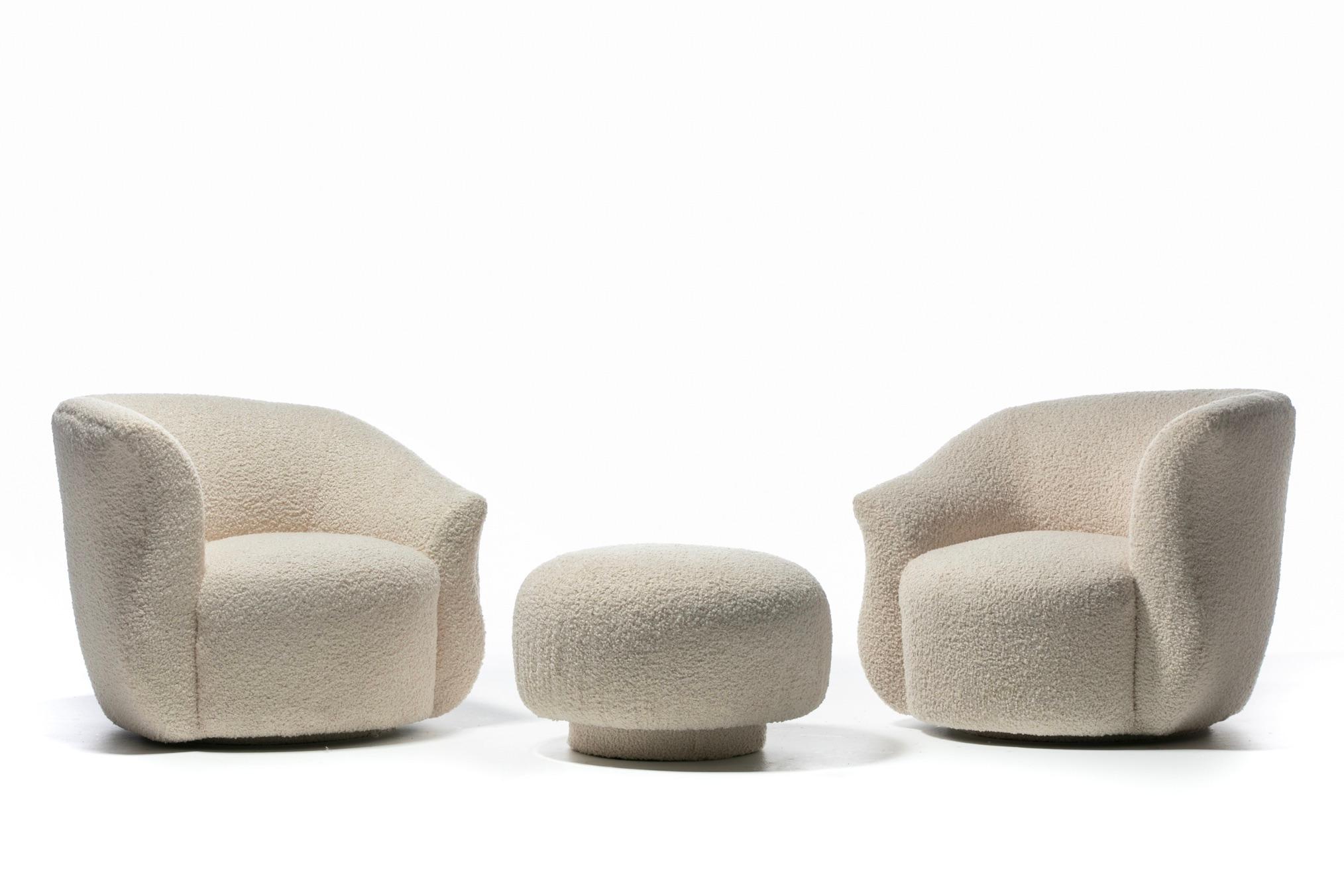 Beautiful Post Modern Pair of Swivel Chairs and custom mushroom swivel top ottoman newly professionally upholstered in soft ivory white bouclé. Barrel back and large cushioned seat envelop you in deep comfort. Cascading arms invite you to sit back
