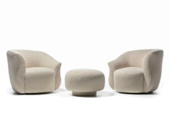 Pair of Post Modern Swivel Chairs & Custom Swivel Ottoman in Ivory White Bouclé