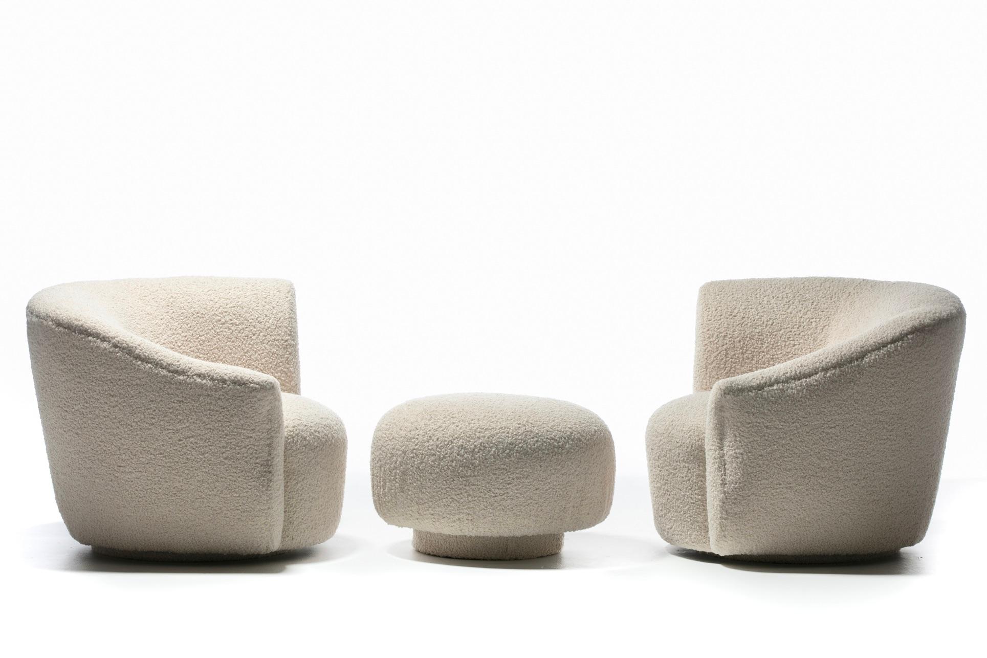 Post-Modern Pair of Post Modern Swivel Chairs & Custom Swivel Ottoman in Ivory White Bouclé For Sale