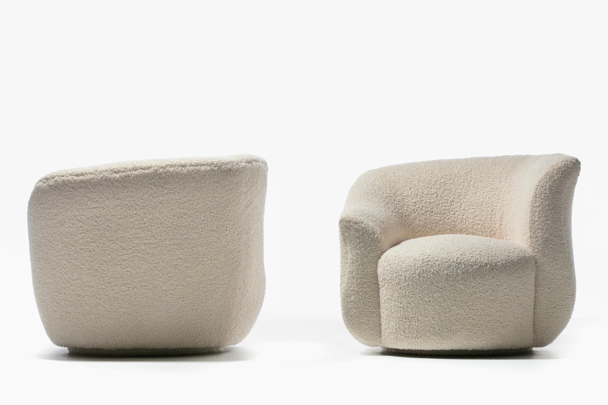 American Pair of Post Modern Swivel Chairs & Custom Swivel Ottoman in Ivory White Bouclé For Sale