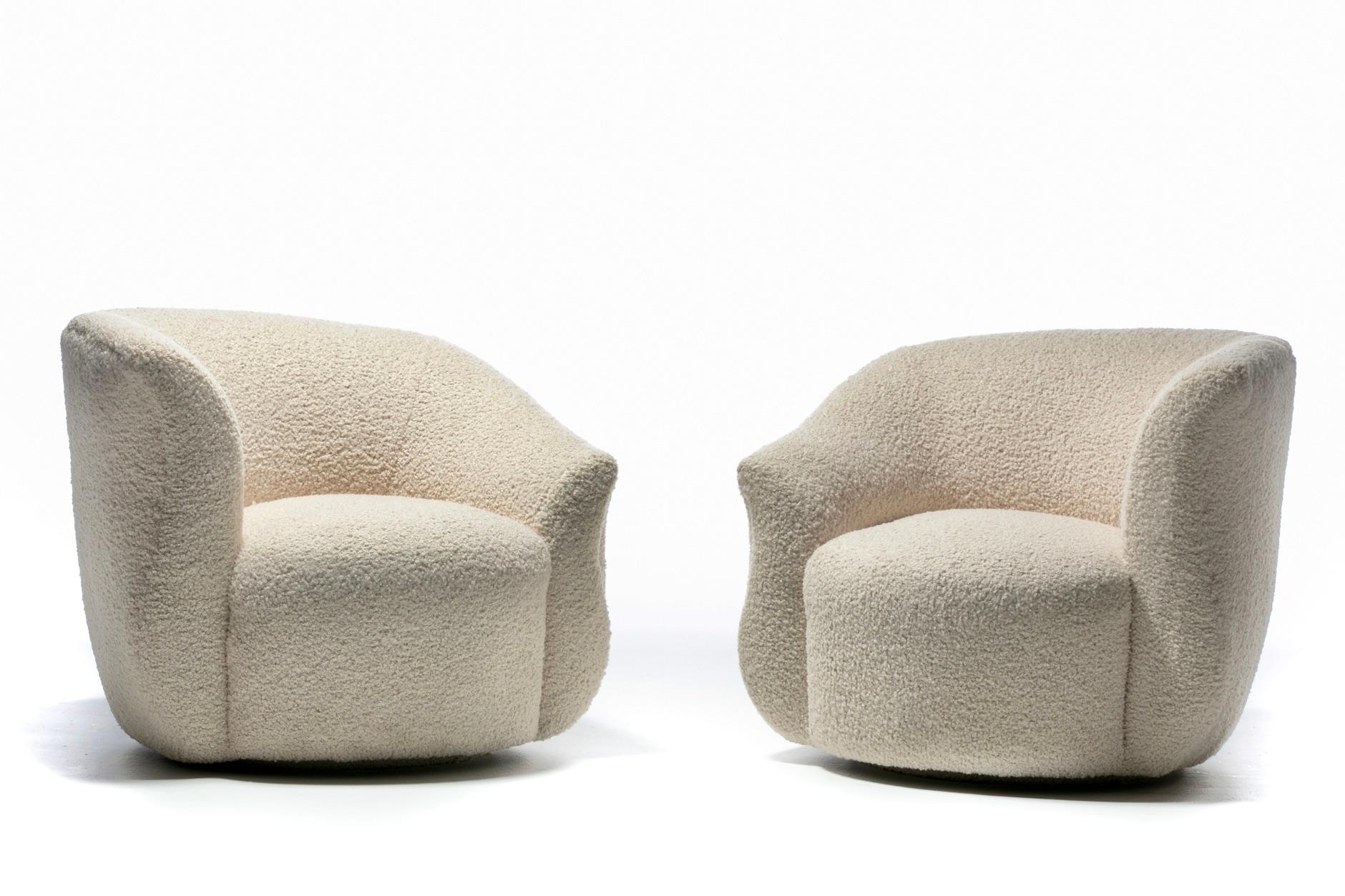 Late 20th Century Pair of Post Modern Swivel Chairs & Custom Swivel Ottoman in Ivory White Bouclé For Sale