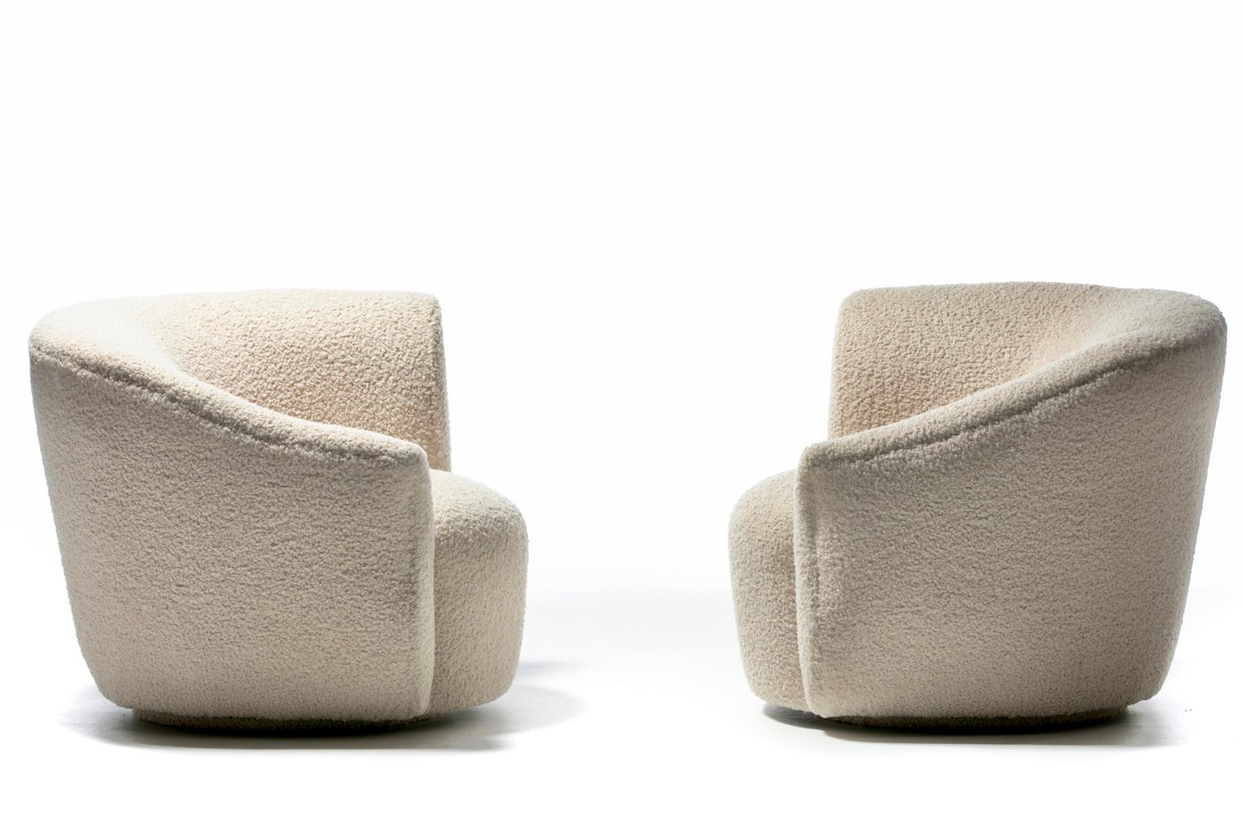 Pair of Post Modern Swivel Chairs & Custom Swivel Ottoman in Ivory White Bouclé For Sale 1
