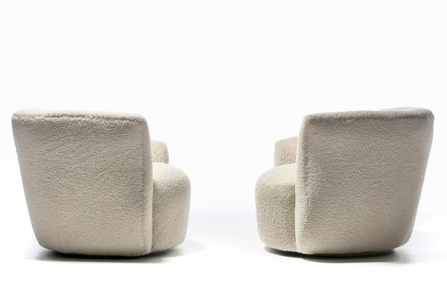 Pair of Post Modern Swivel Chairs & Custom Swivel Ottoman in Ivory White Bouclé For Sale 2