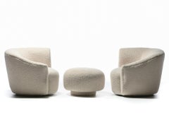 Pair of Post Modern Swivel Chairs & Swivel Top Ottoman in Ivory White Bouclé