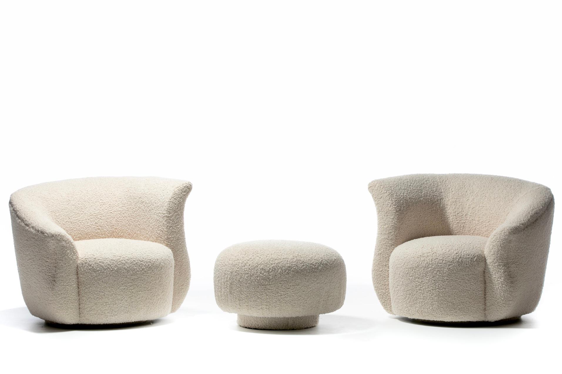 Post-Modern Pair of Post Modern Swivel Chairs & Swivel Top Ottoman in Ivory White Bouclé