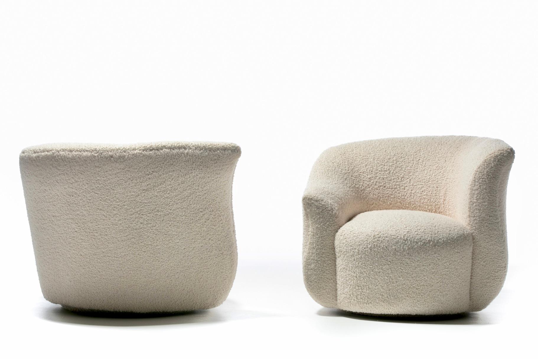 American Pair of Post Modern Swivel Chairs & Swivel Top Ottoman in Ivory White Bouclé