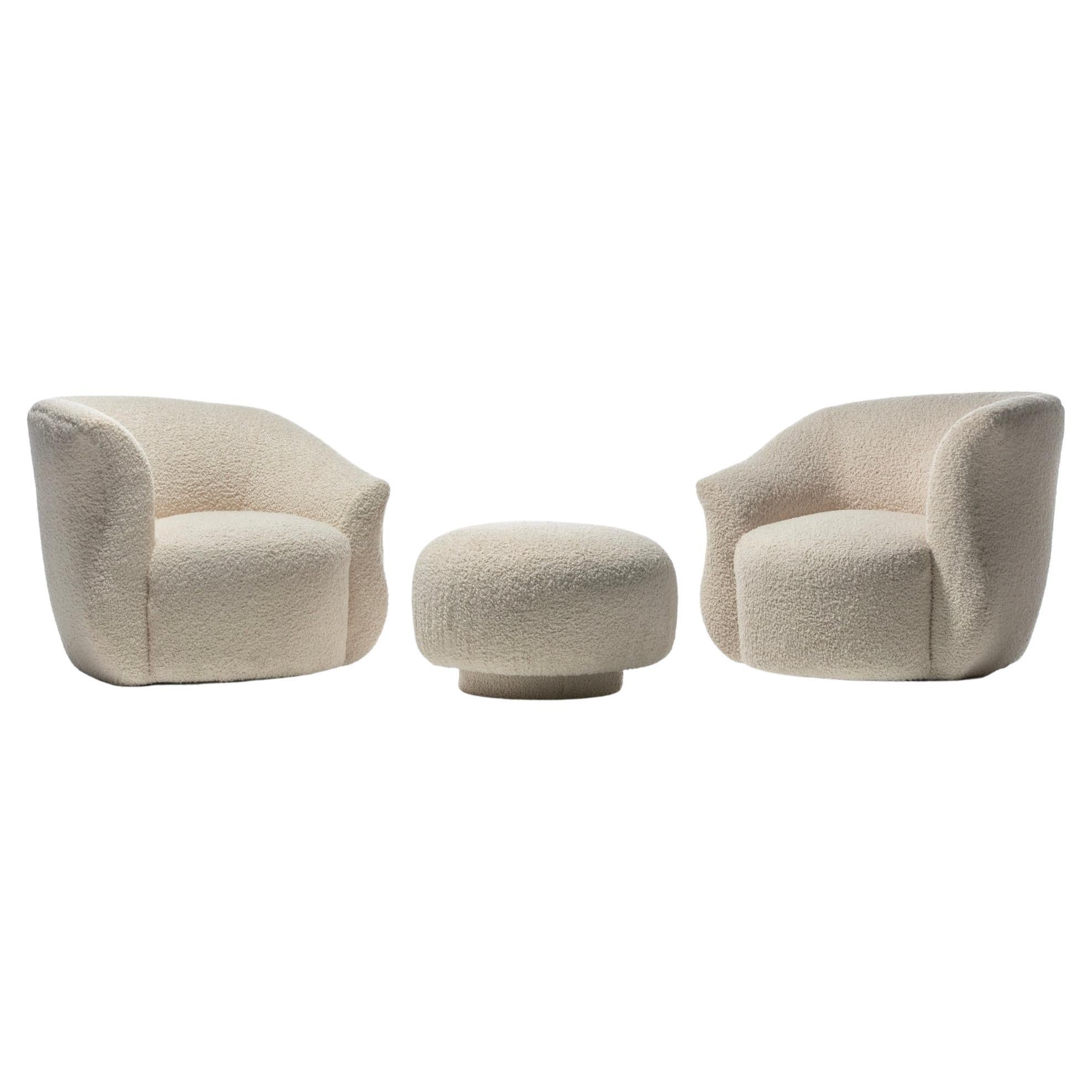 Pair of Post Modern Swivel Chairs & Swivel Top Ottoman in Ivory White Bouclé