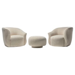 Retro Pair of Post Modern Swivel Chairs & Swivel Top Ottoman in Ivory White Bouclé