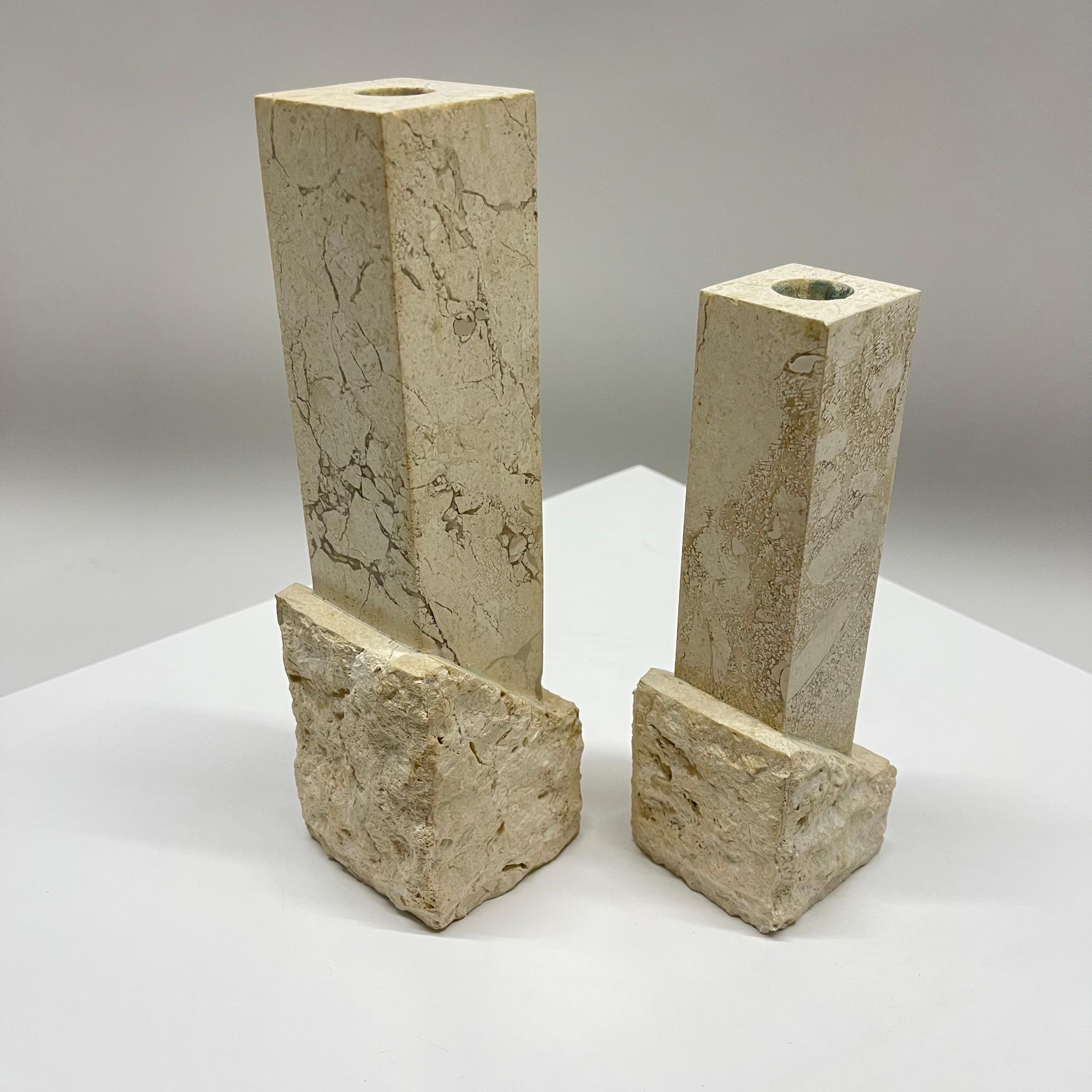 Philippine Pair of Post Modern Tessellated Travertine Candlesticks by Renoir Designs, 1990s For Sale