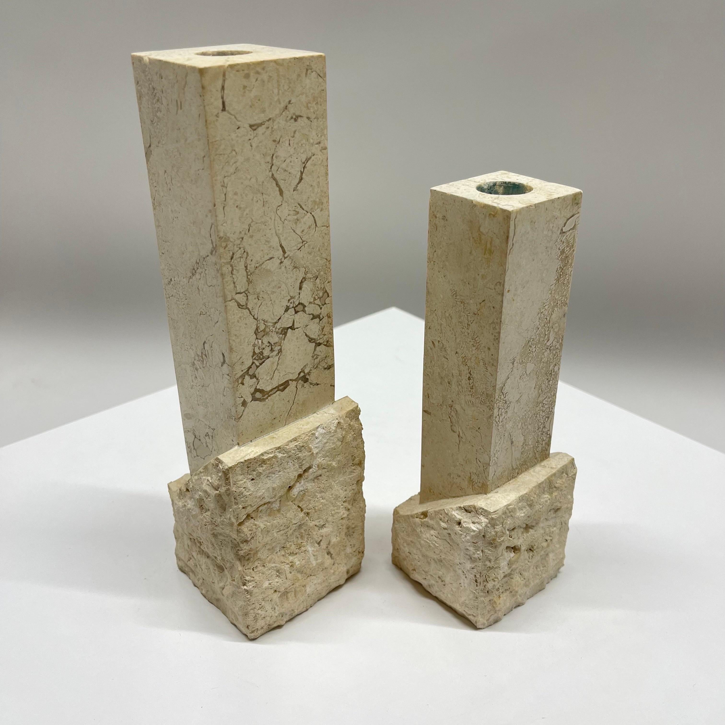 Pair of Post Modern Tessellated Travertine Candlesticks by Renoir Designs, 1990s In Good Condition For Sale In Miami, FL