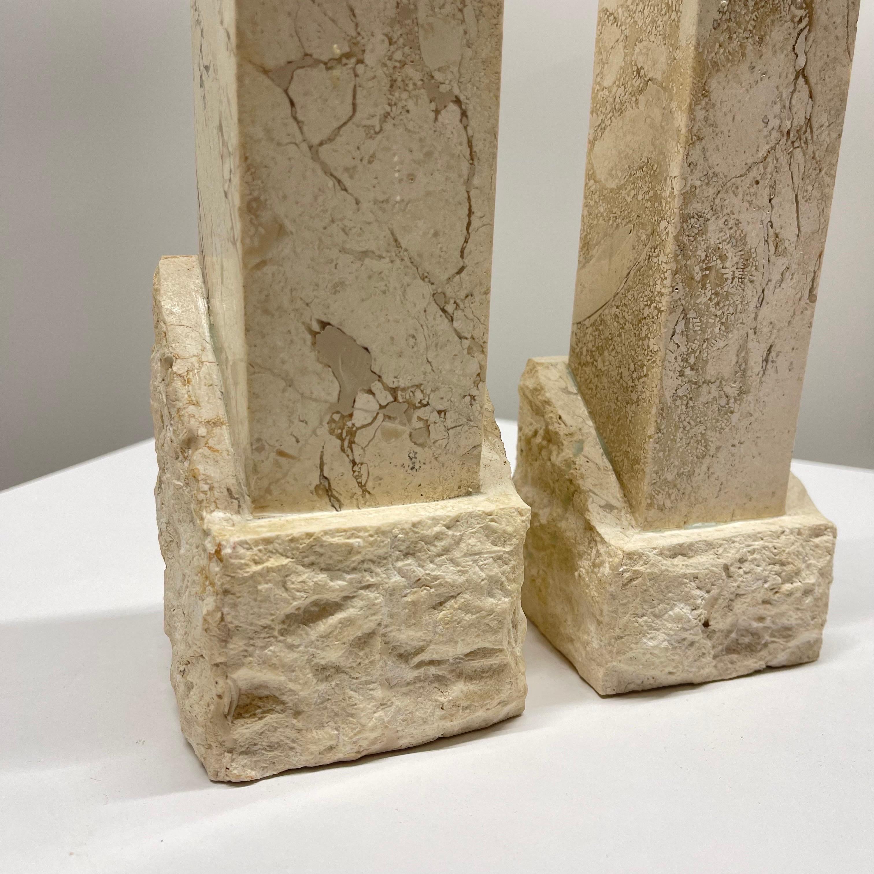 Pair of Post Modern Tessellated Travertine Candlesticks by Renoir Designs, 1990s For Sale 1