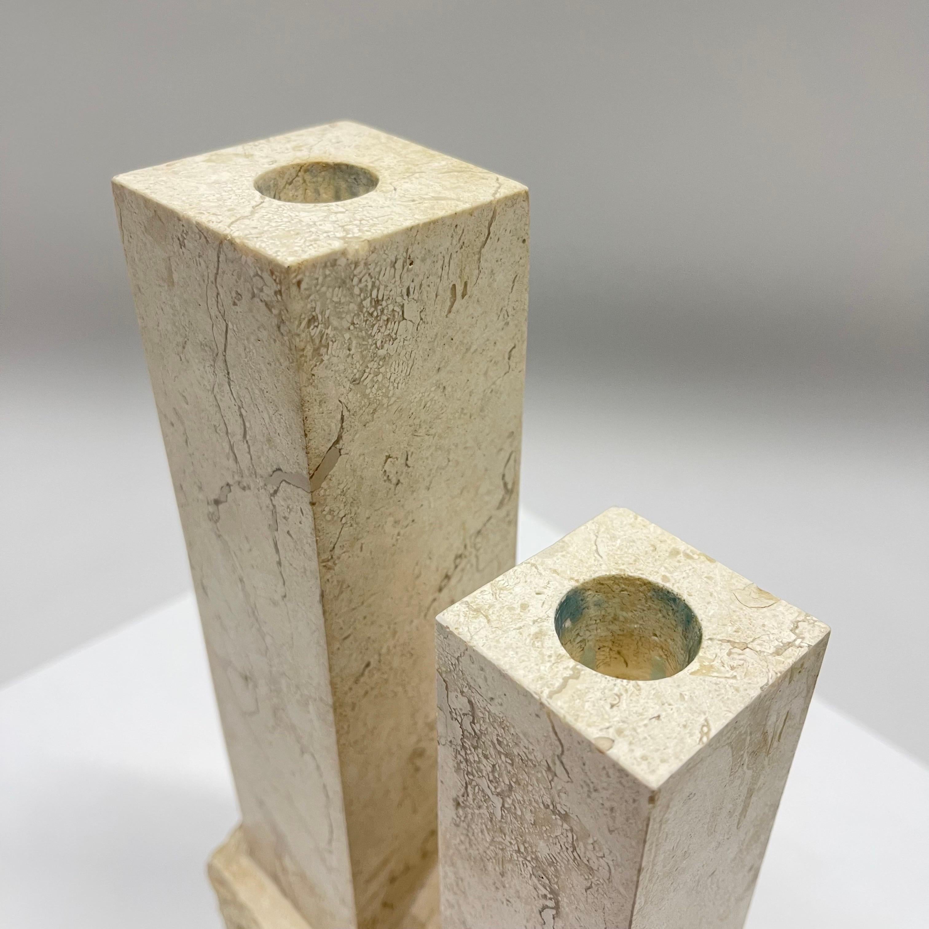 Pair of Post Modern Tessellated Travertine Candlesticks by Renoir Designs, 1990s For Sale 3