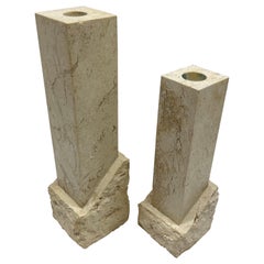 Pair of Post Modern Tessellated Travertine Candlesticks by Renoir Designs, 1990s
